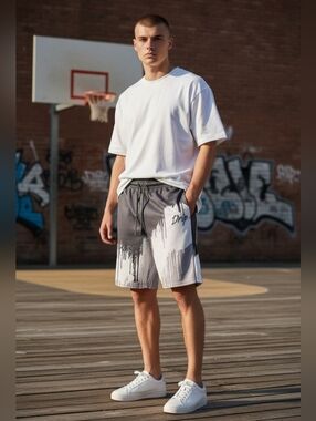 Encrypted Size L"Drip" Pattern Black/ White Drawstring Pocket Street Wear Shorts